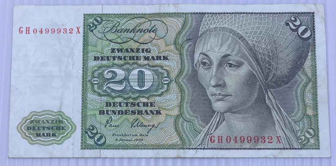 Germany 1960 20 Deutsche Mark P-36 Circulated World Banknote Note Shown — front