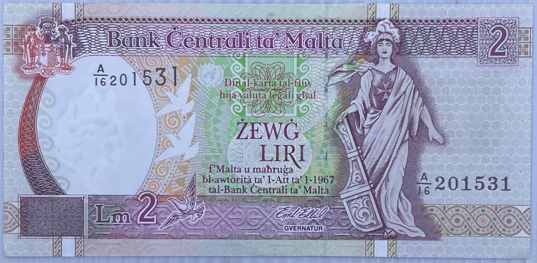 Malta 1994 2 Liri P-45 Circulated World Banknote Note Shown — front