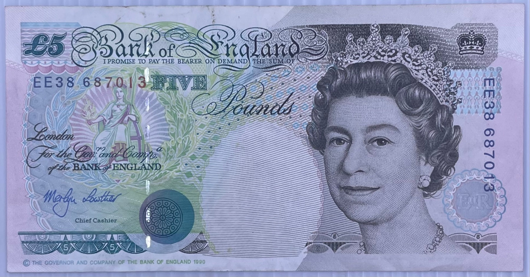 England 1999 £5 Pound Sterling P-389b Circulated World Banknote Note Shown — front
