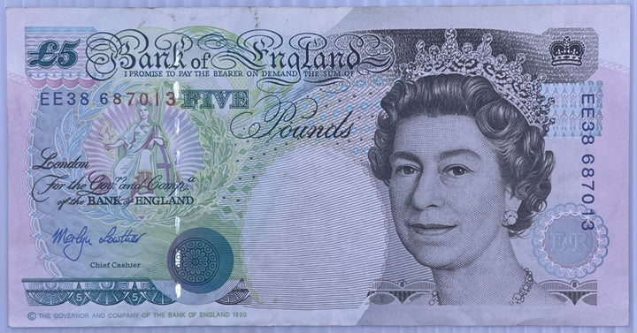 England 1999 £5 Pound Sterling P-389b Circulated World Banknote Note Shown — front