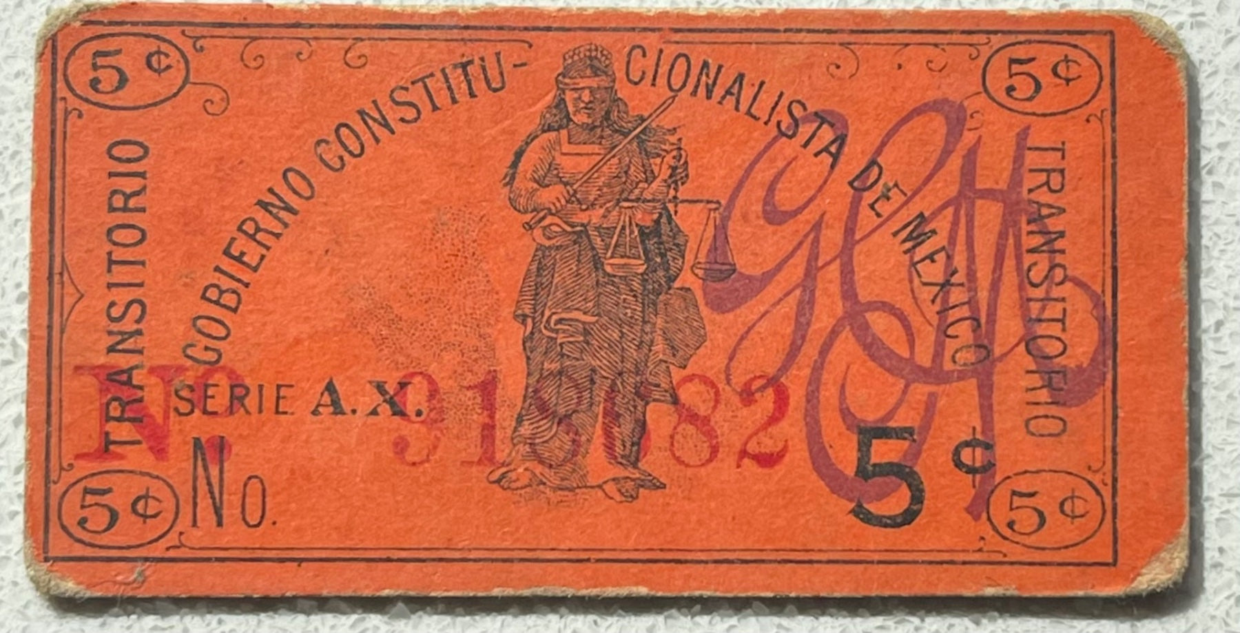 Mexico 1914 5 centavos P-S682A Circulated World Banknote — front