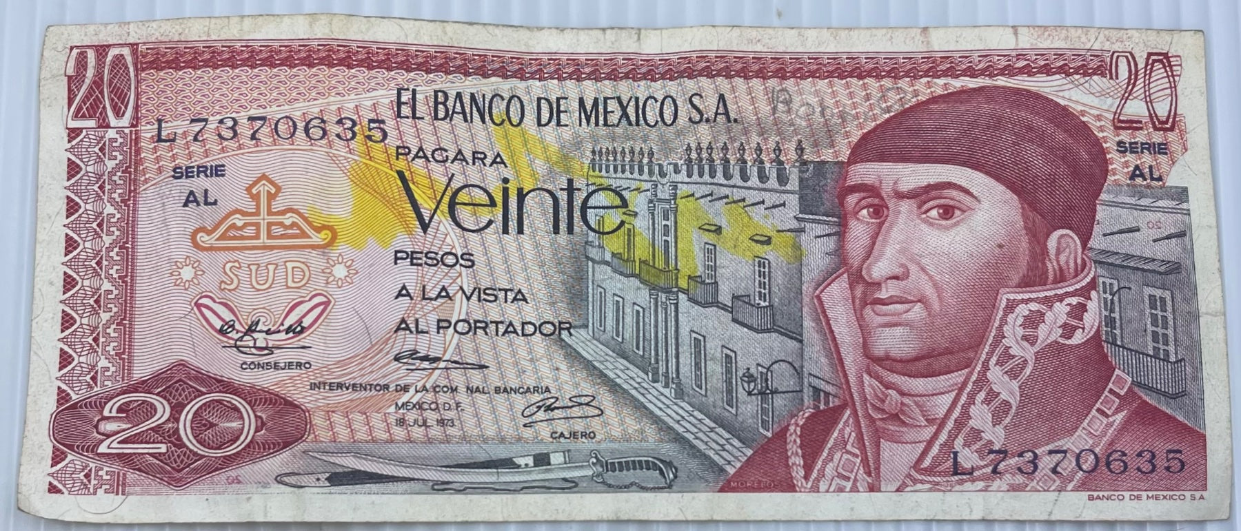 Mexico 1973 20 Pesos P-64 Circulated World Banknote — front