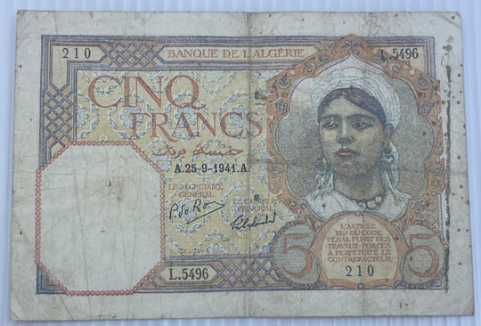 Algeria 1941 5 Francs P-77 Circulated World Banknote