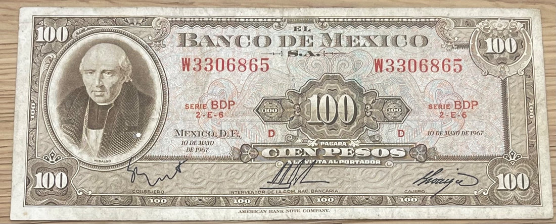Mexico 1967 100 Pesos P-61 Circulated World Banknote — front