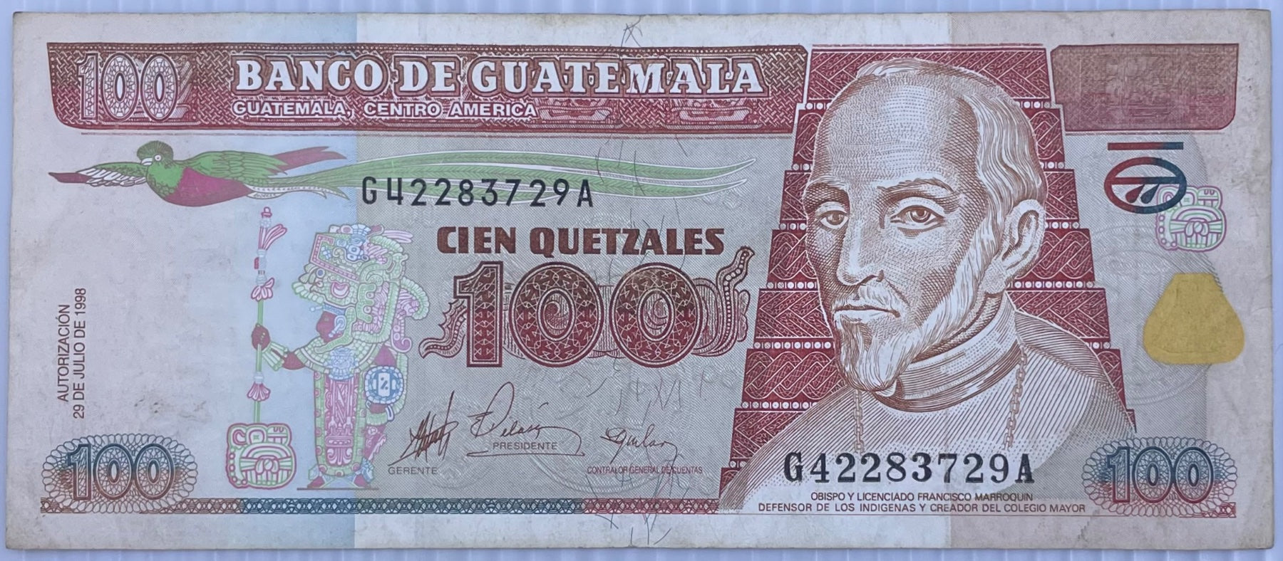 Guatemala 1998 100 Quetzal Circulated World Banknote Note Shown — front