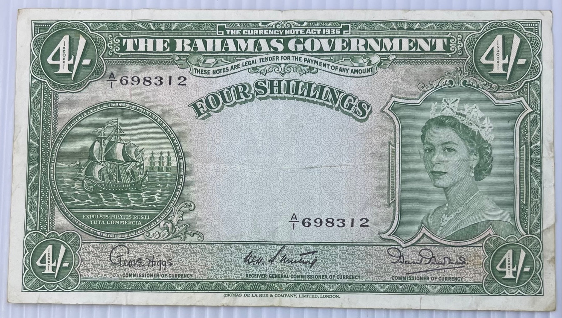 Bahamas 1953 4 Shillings Shilling P-13b Circulated World Banknote Note Shown — front