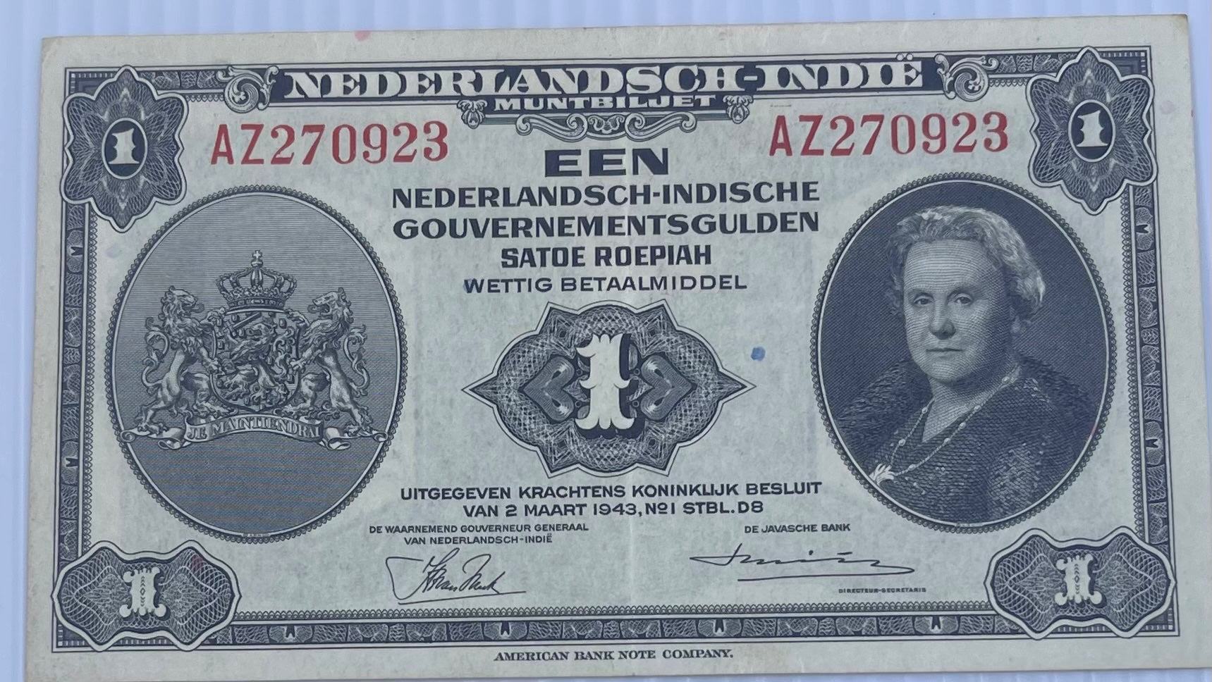 Netherlands Indies 1943 1 Gulden P-111 Circulated World Banknote Note Shown — front