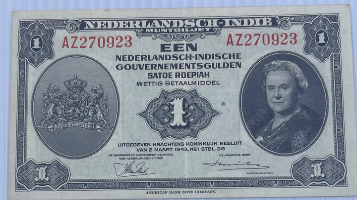 Netherlands Indies 1943 1 Gulden P-111 Circulated World Banknote Note Shown — front