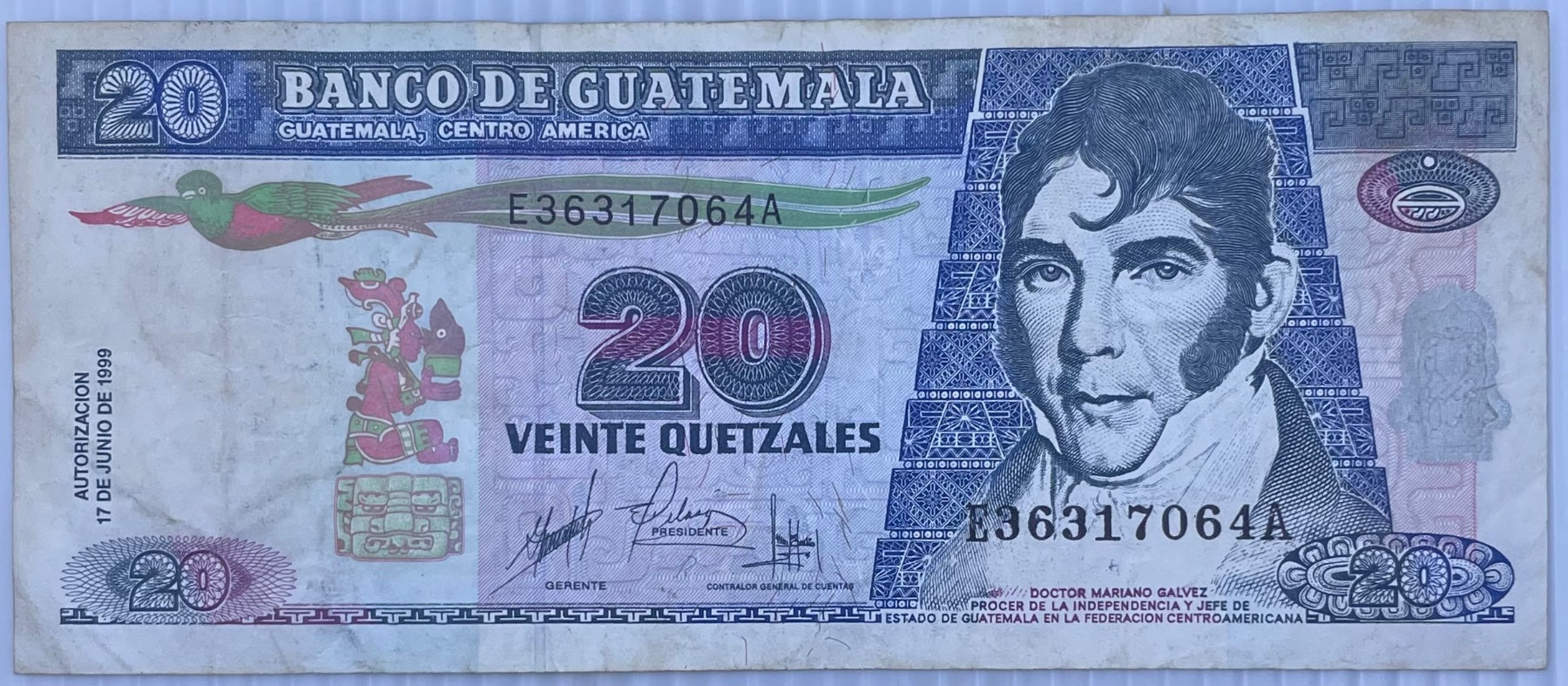 Guatemala 1999 20 quetzales Circulated World Banknote Note Shown — front