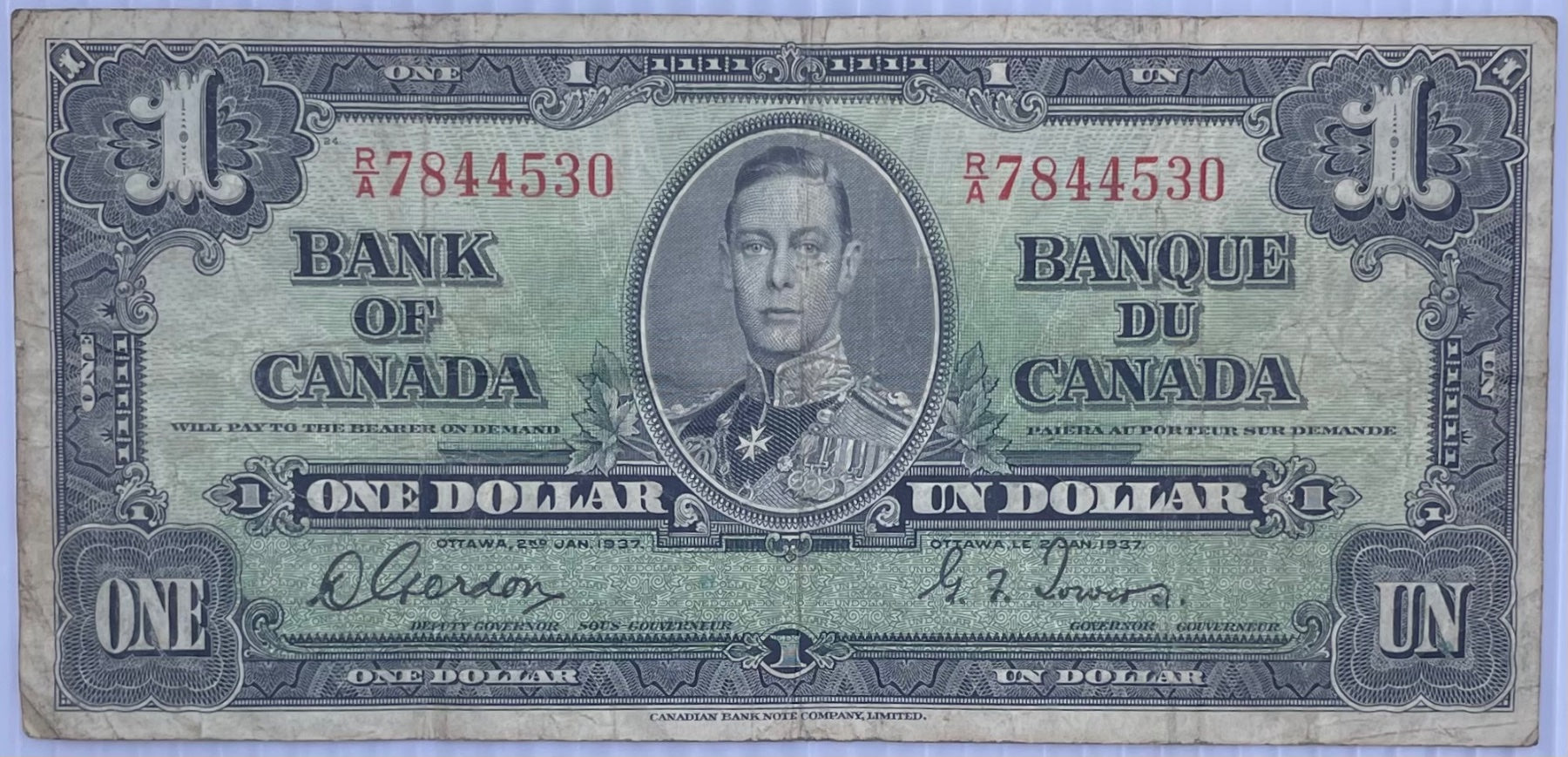 Canada 1937 1 Dollar Circulated World Banknote Note Shown — front