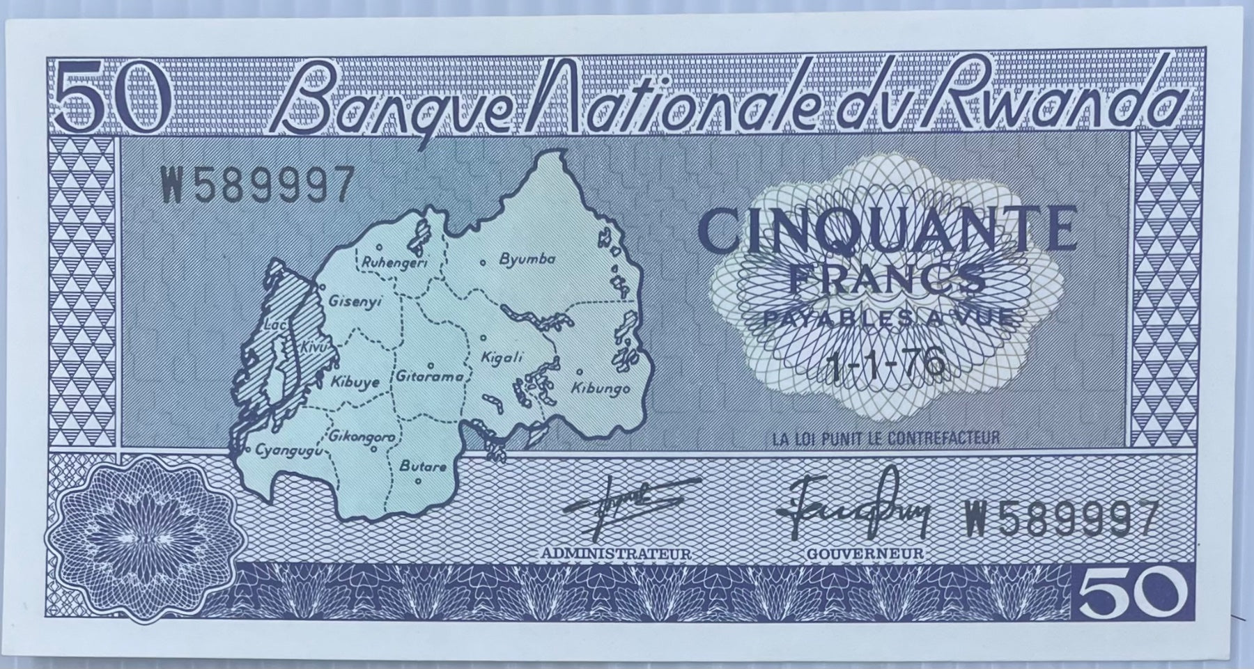 Rwanda 1.1.1976 50 Francs P-10 Circulated World Banknote Note Shown — front