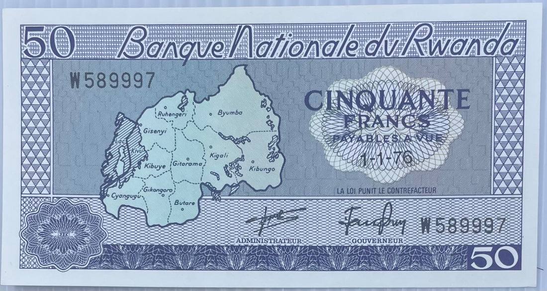 Rwanda 1.1.1976 50 Francs P-10 Circulated World Banknote Note Shown — front