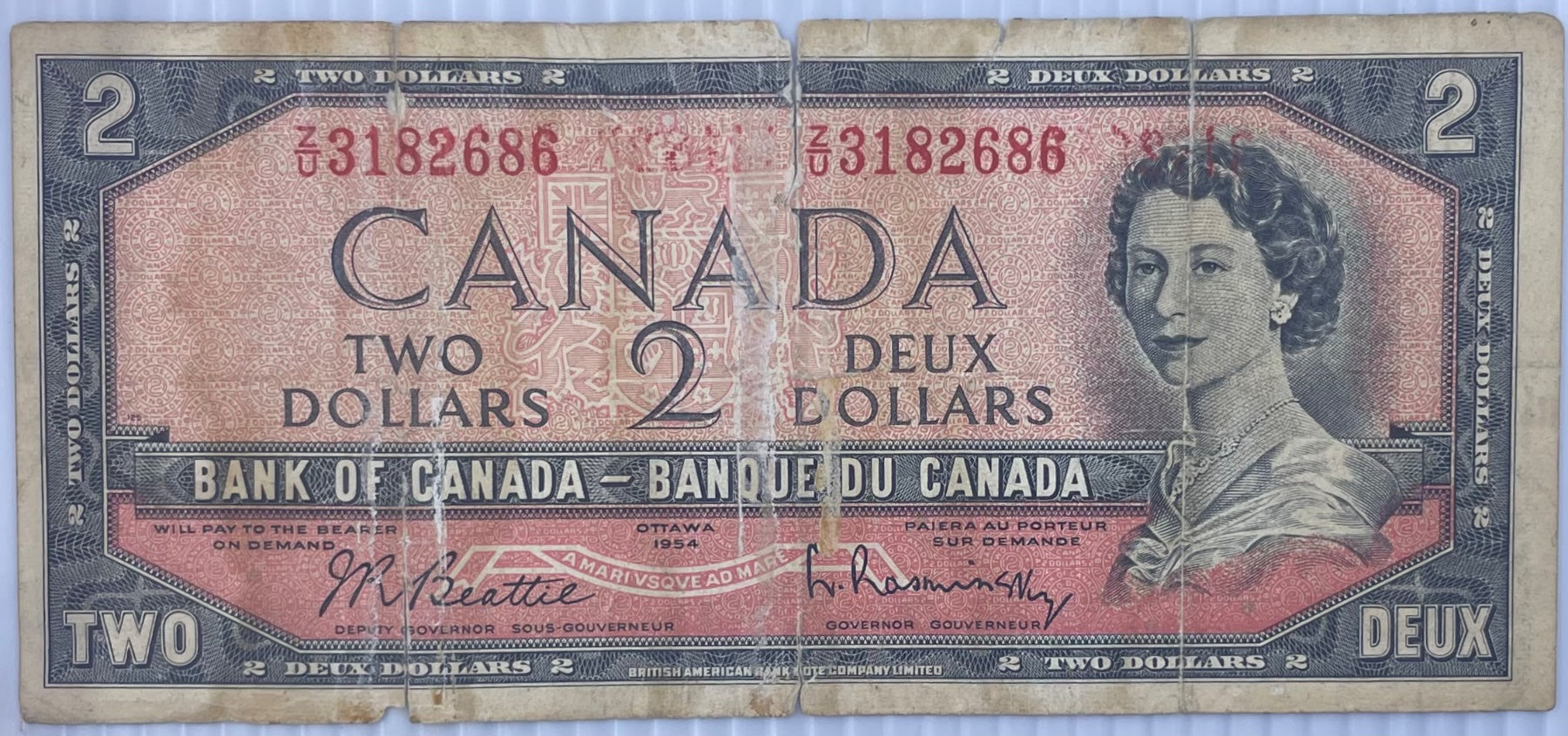 Canada 1954 2 Dollars P-67 Circulated World Banknote Note Shown — front