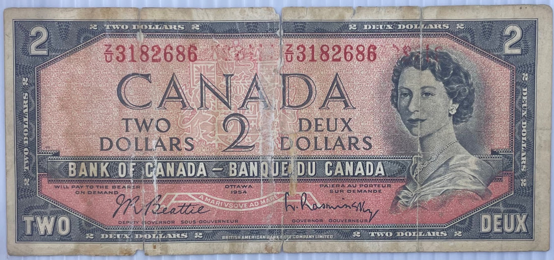 Canada 1954 2 Dollars P-67 Circulated World Banknote Note Shown — front