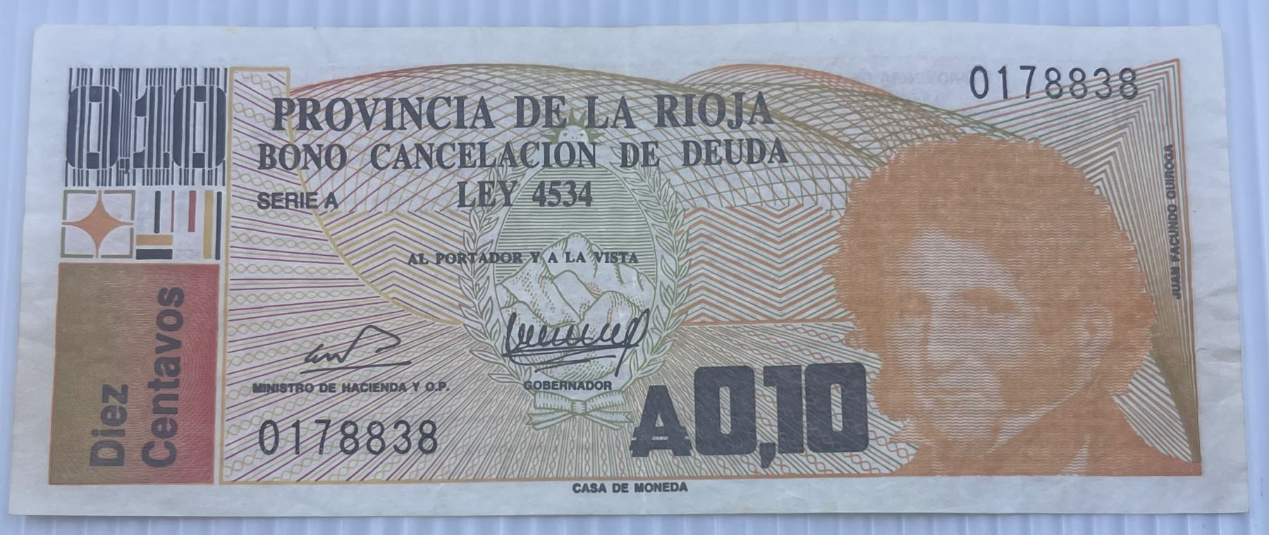 Argentina 1986 10 Centavos P-S2501 Circulated World Banknote — front