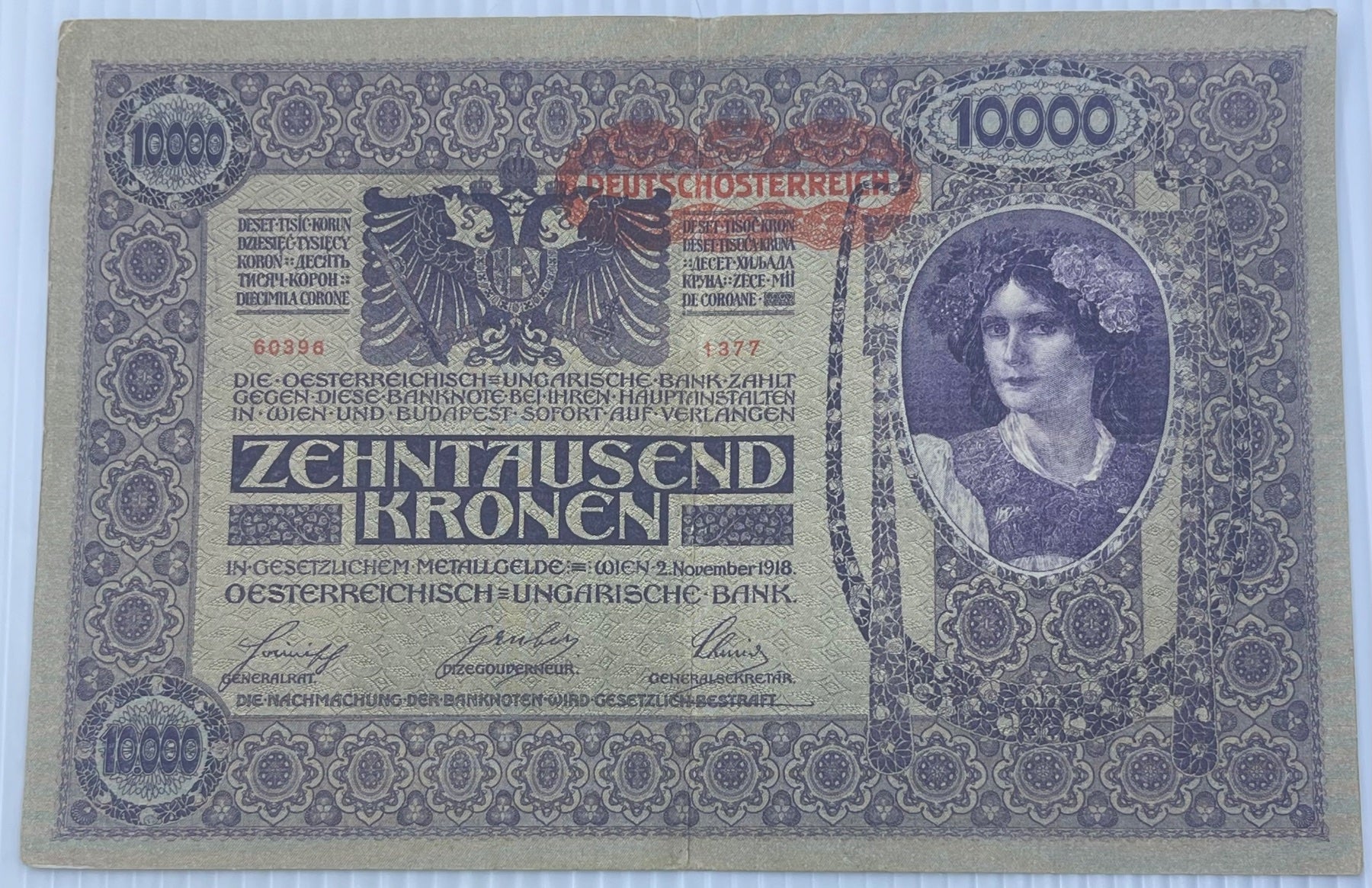 Austria 1919 10,000 Kronen P-66 Circulated World Banknote — front