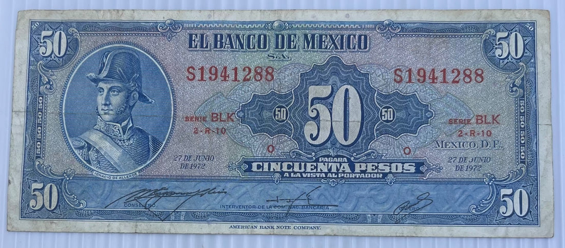 Mexico 1972 50 Pesos P-49 Circulated World Banknote Note Shown — front