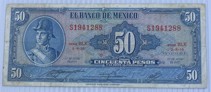 Mexico 1972 50 Pesos P-49 Circulated World Banknote Note Shown — front