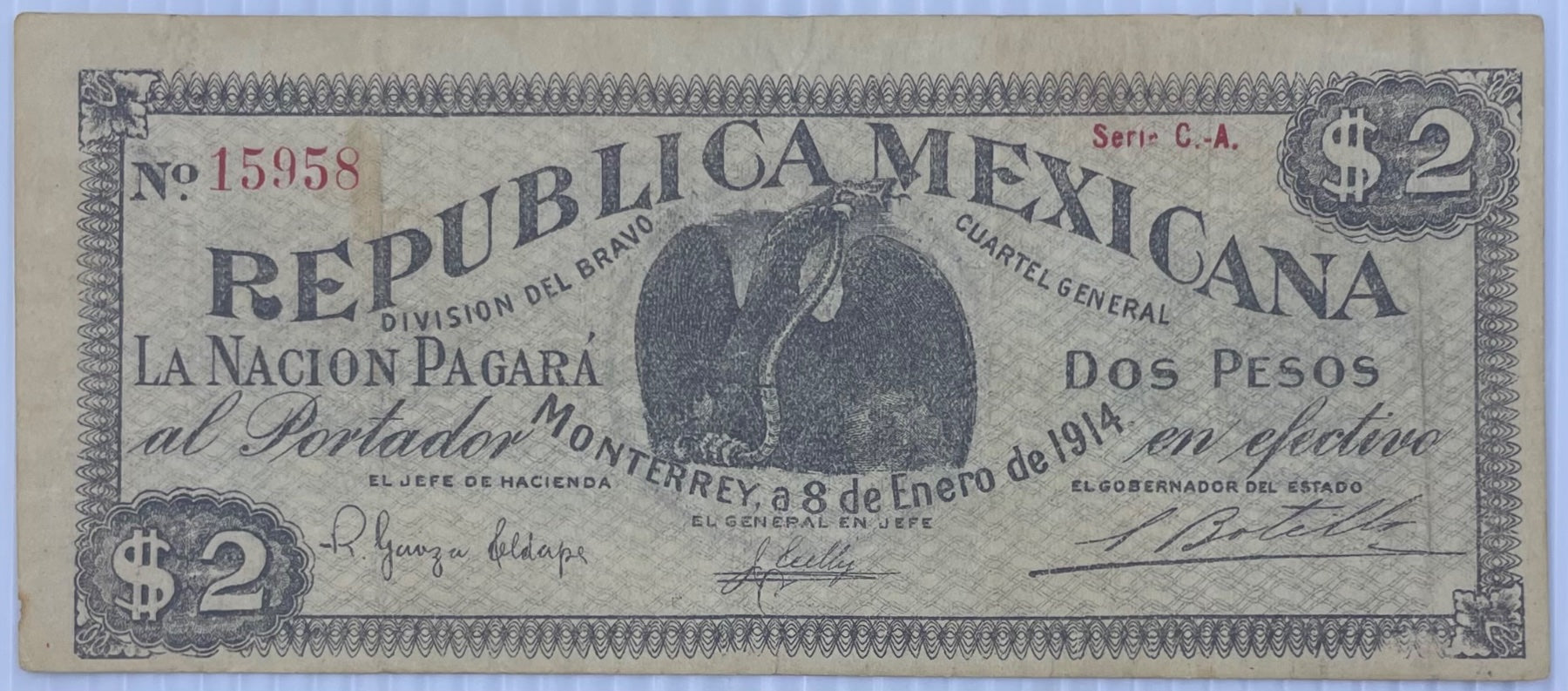 Mexico 1914 2 Pesos Uncertain P-number — División del Bravo (Monterrey) 2 Pesos, 1914, Serie C.A. Circulated World Banknote Note Shown — front