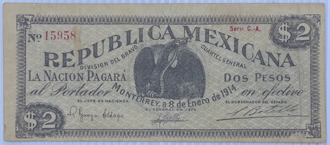 Mexico 1914 2 Pesos Uncertain P-number — División del Bravo (Monterrey) 2 Pesos, 1914, Serie C.A. Circulated World Banknote Note Shown — front