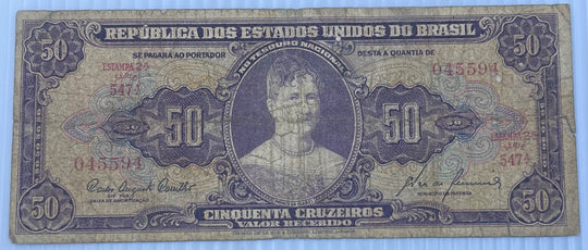 Brazil 1954 50 Cruzeiros P-152 Circulated World Banknote