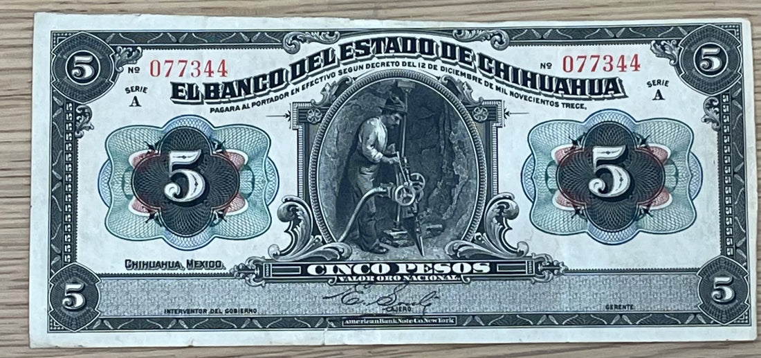 Mexico 1913 5 Pesos P-S132 Circulated World Banknote Note Shown — front