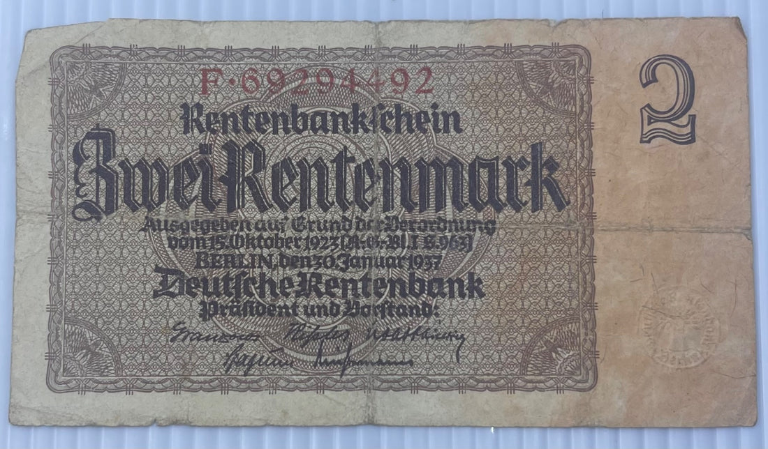 Germany 1937 2 Rentenmark P-182 Circulated World Banknote From Lot — front