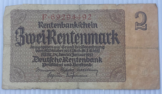 Germany 1937 2 Rentenmark P-182 Circulated World Banknote From Lot