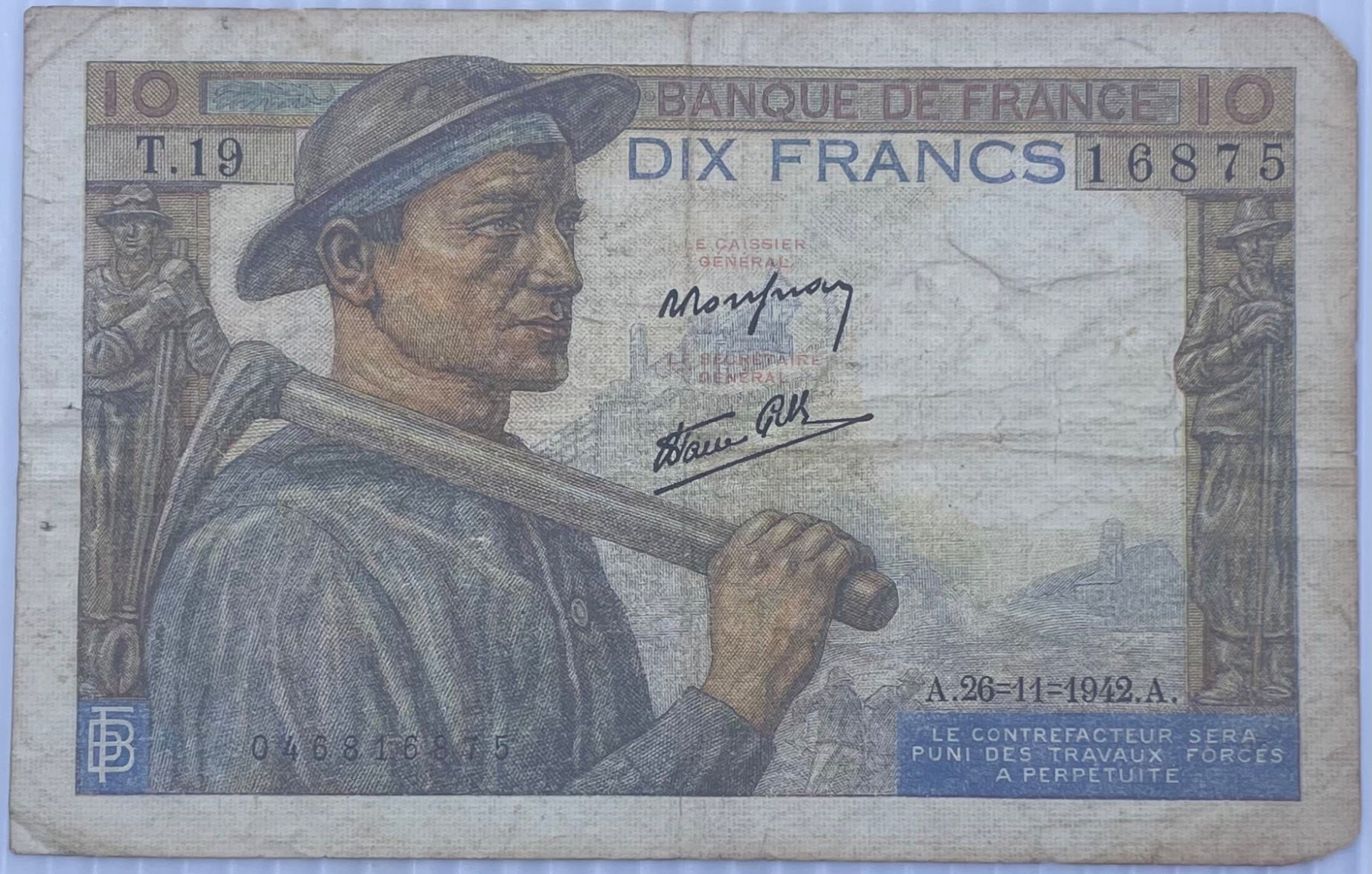France 1942 10 Francs (type) (type) P-100 (type) Circulated World Banknote — front