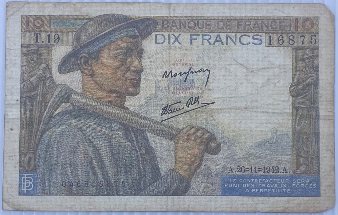 France 1942 10 Francs (type) (type) P-100 (type) Circulated World Banknote — front