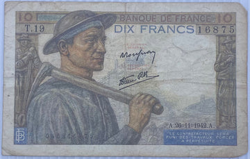 France 1942 10 Francs (type) (type) P-100 (type) Circulated World Banknote — front