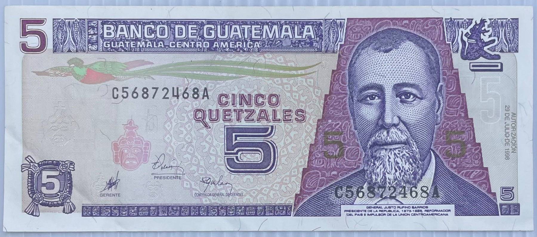 Guatemala 1998 5 Quetzales Circulated World Banknote Note Shown — front