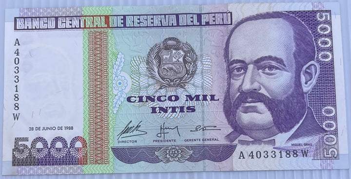 Peru 1988 5,000 Intis P137 AU World  Banknote — front