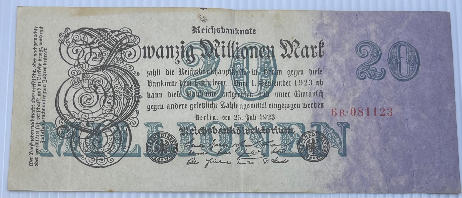 Germany 1923 20 Millionen Mark P-97B Circulated World Banknote — front