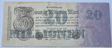 Germany 1923 20 Millionen Mark P-97B Circulated World Banknote — front