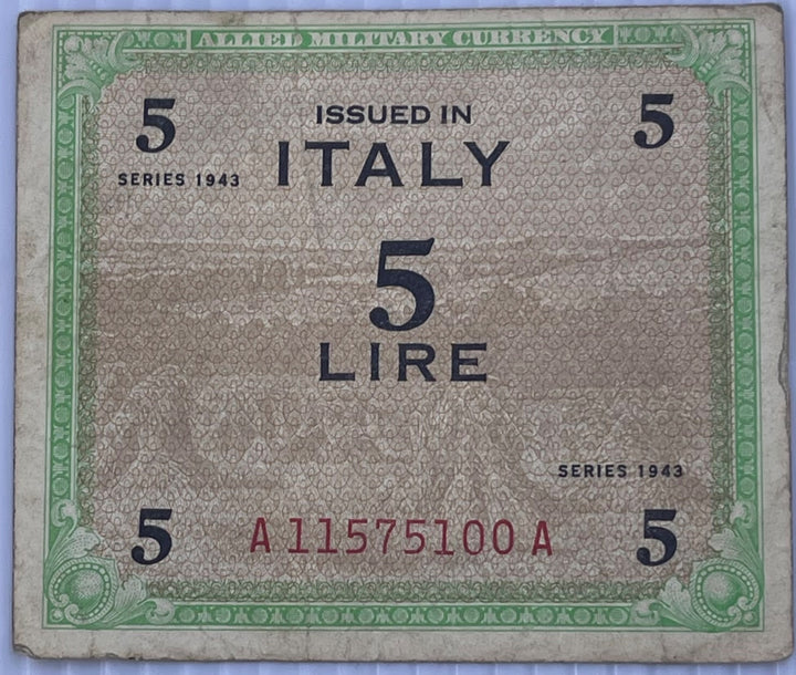 Italy 1943 5 Lire P-M5 Circulated World Banknote — front