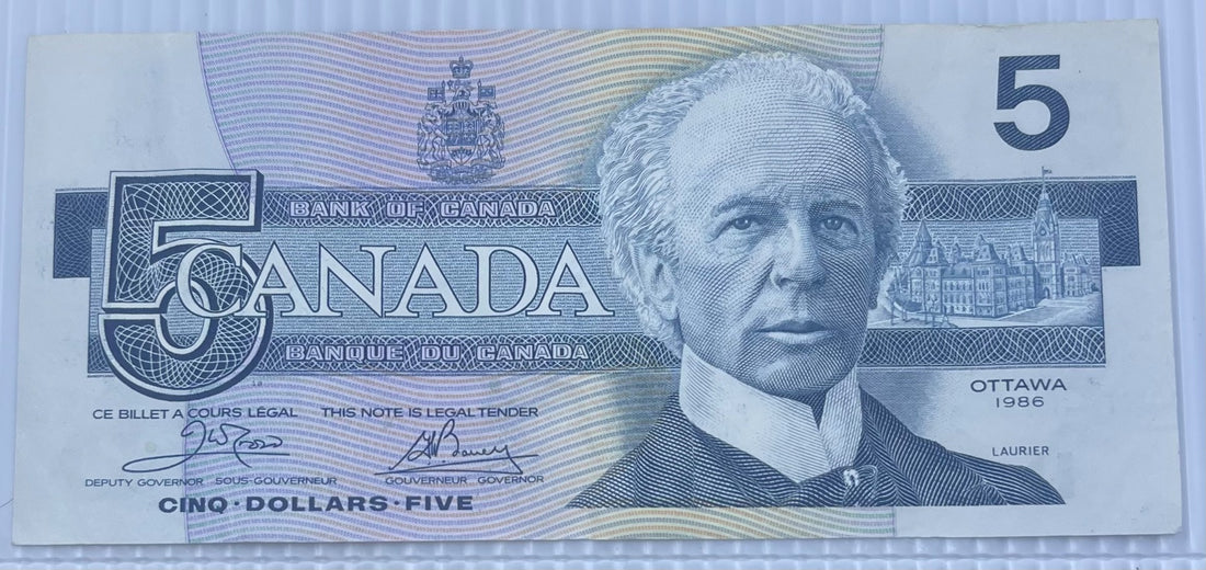 Canada 1986 5 Dollars P-95 Blue Plate Circulated World Banknote Note Shown — front