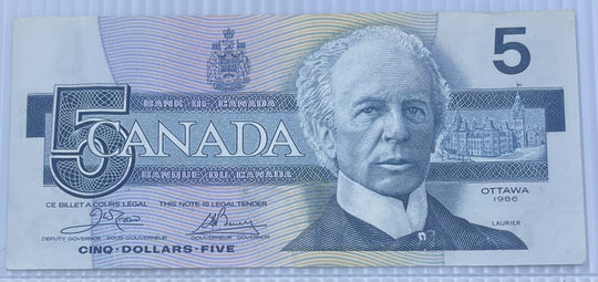 Canada 1986 5 Dollars P-95 Blue Plate Circulated World Banknote Note Shown