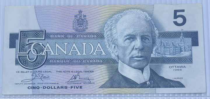 Canada 1986 5 Dollars P-95 Blue Plate Circulated World Banknote Note Shown — front