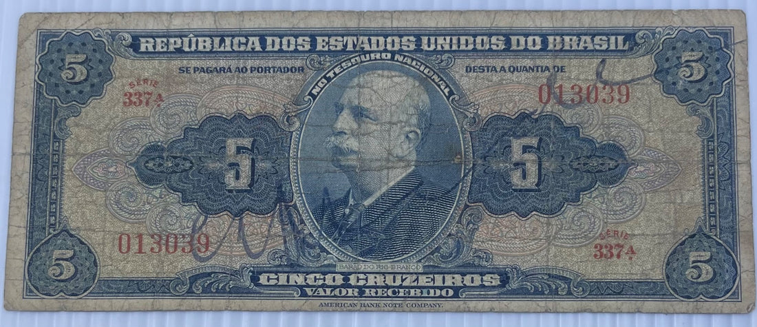 Brazil 1943 5 Cruzeiros P-134 Circulated World Banknote — front
