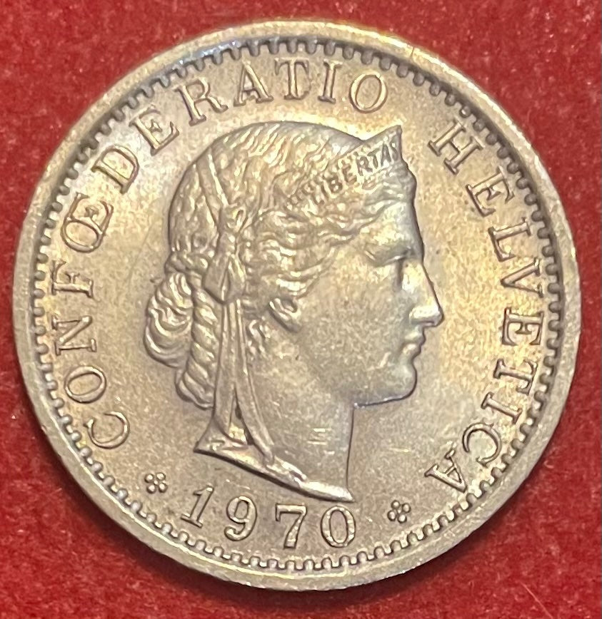 Switzerland 1970 20 Rappen (20 Centimes) Swiss Franc (CHF) KM-26 Circulated World Coin Item Shown — front