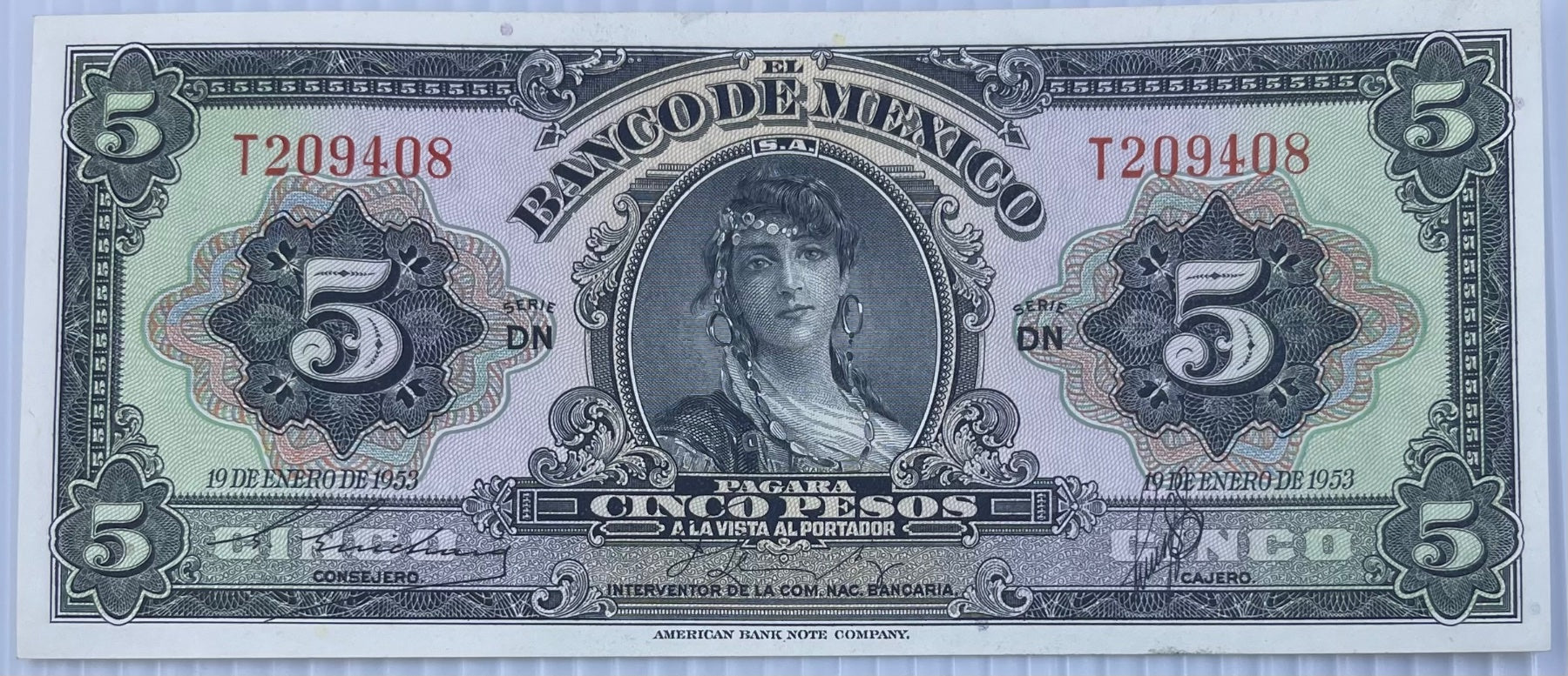 Mexico 1953 5 Pesos P-57 AU World Banknote Uncirculated World Banknote Note Shown — front