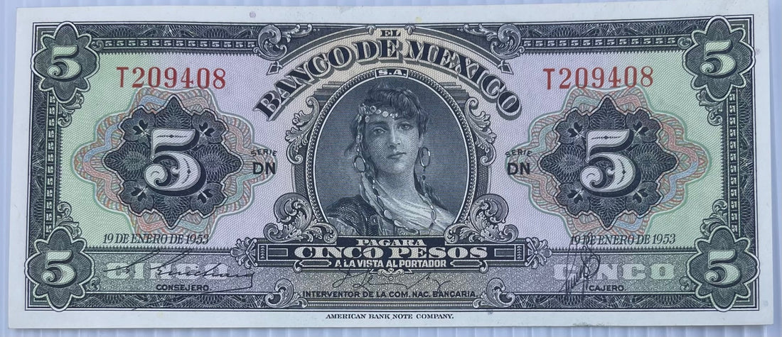 Mexico 1953 5 Pesos P-57 AU World Banknote Uncirculated World Banknote Note Shown — front