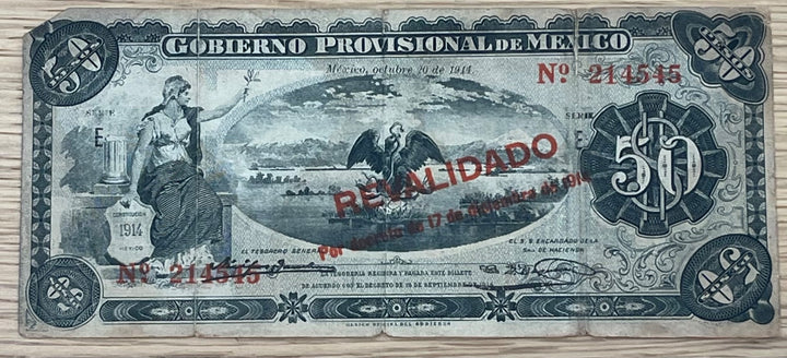 Mexico 1914 50 Centavos P-S708 Circulated World Banknote Note Shown — front