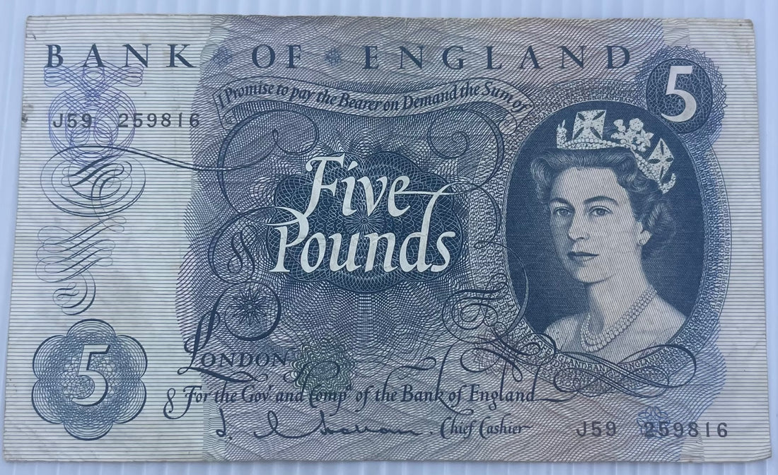 England 1963 5 Pounds P-375 Circulated World Banknote — front