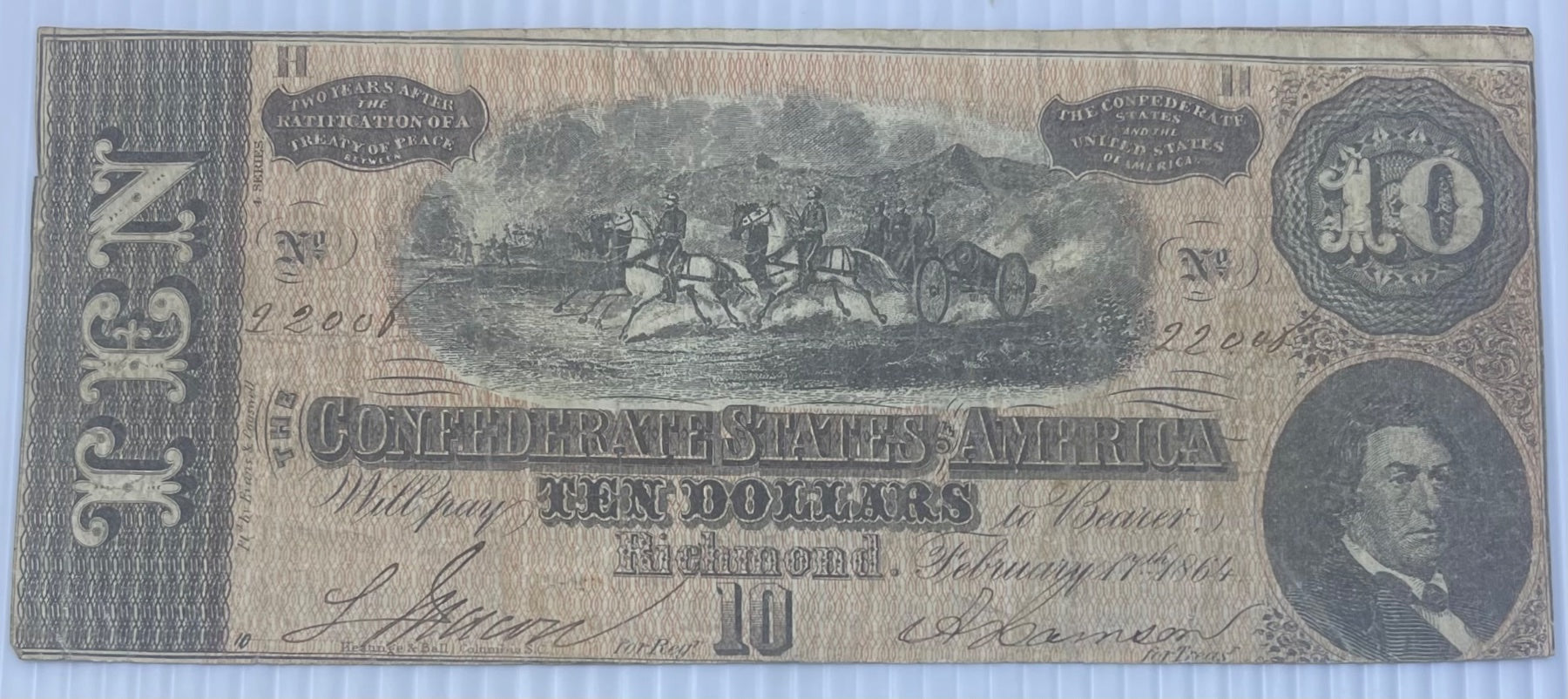 Confederate States of America 1864 10 Dollars P-T-68 P-68 Circulated World Banknote Note Shown — front