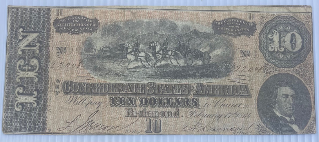 Confederate States of America 1864 10 Dollars P-T-68 P-68 Circulated World Banknote Note Shown — front