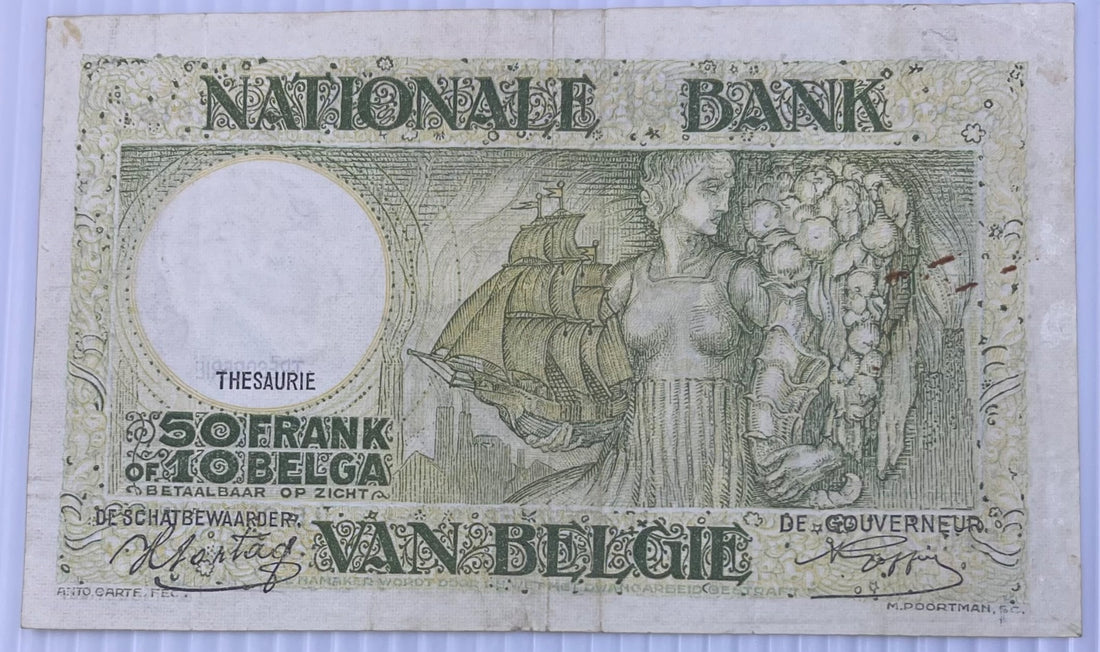 Belgium 1943 50 Francs (10 Belgas) Belgian franc P-133 Circulated World Banknote Note Shown — front