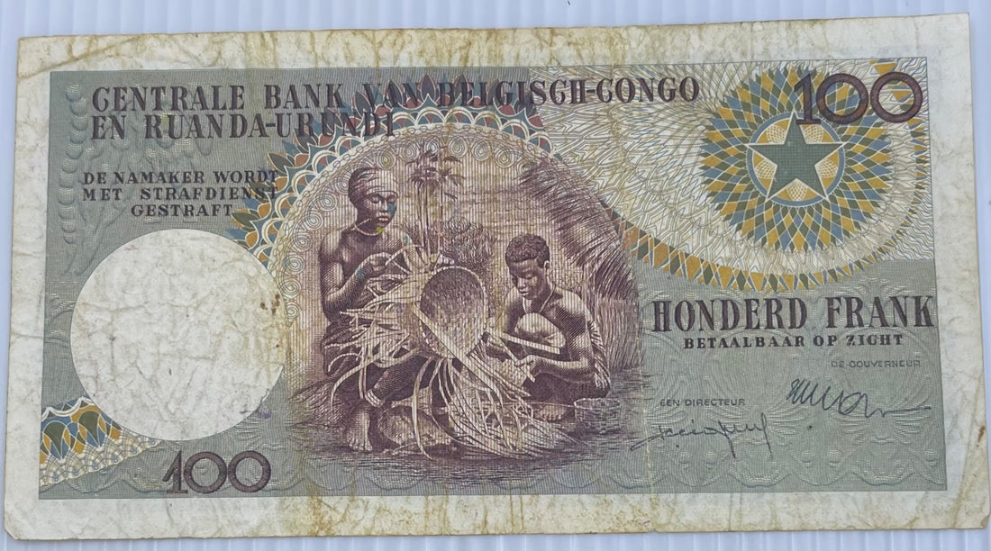 Belgian Congo 1960 100 Francs P-33 Circulated World Banknote Note Shown — back