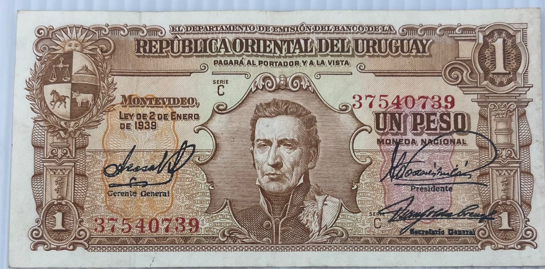 Uruguay 1939 1 Peso P-35 Circulated World Banknote — back